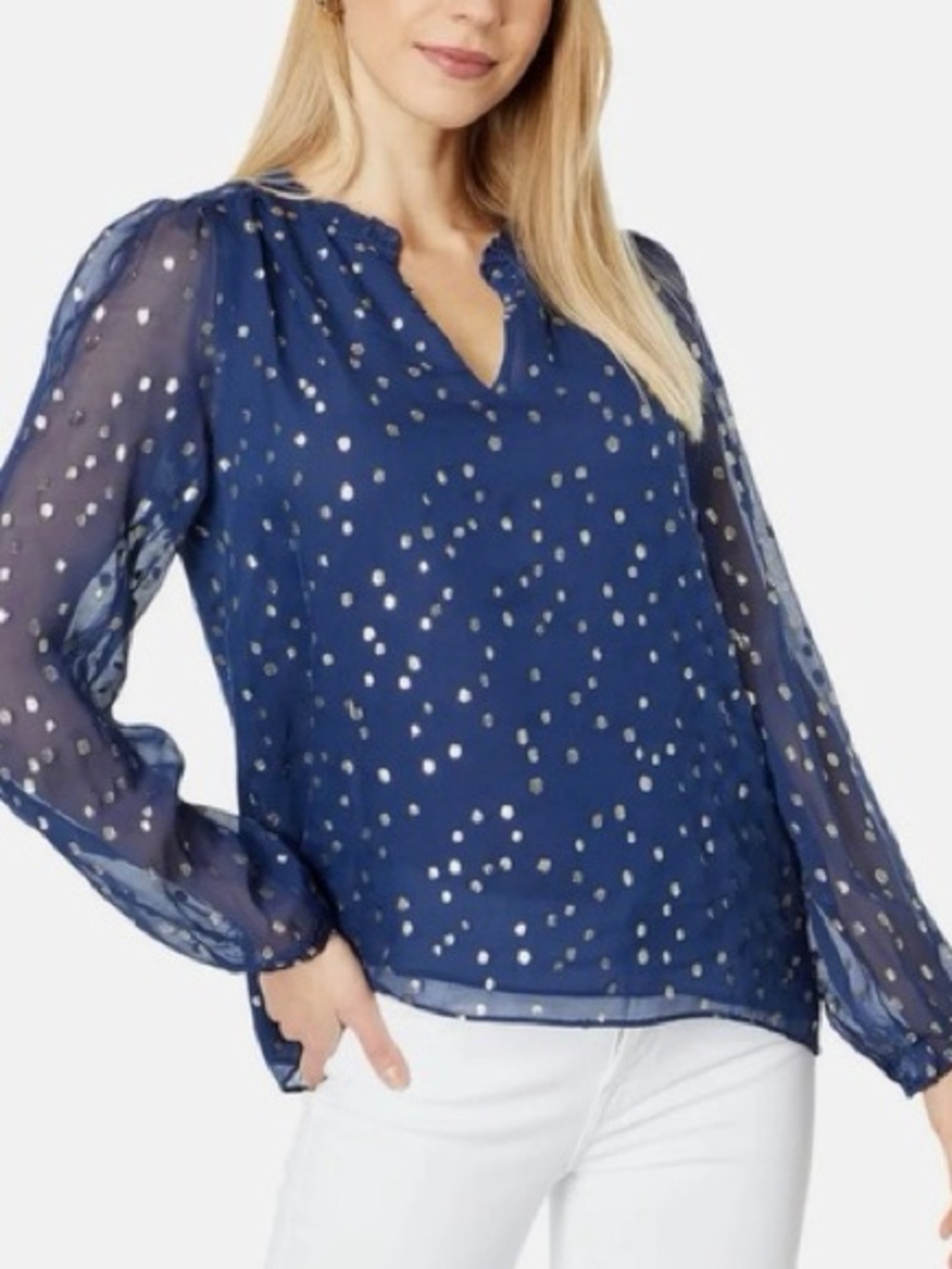 Lilly Pulitzer Giana Silk Top High Tide Navy Gold Metallic